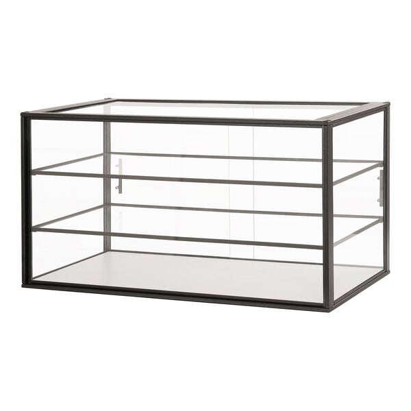 A black metal 3-tier glass bakery display case.