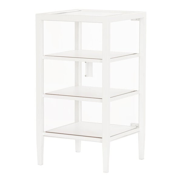 A white metal Cal-Mil bakery display case with three glass shelves.