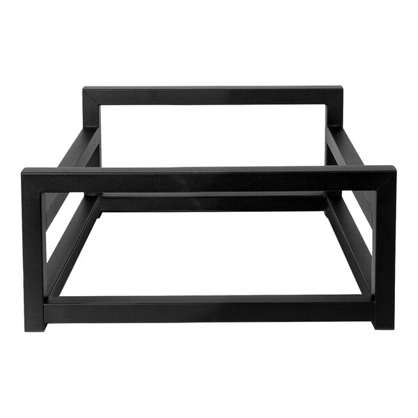An Eastern Tabletop black powder-coated stainless steel square riser frame.