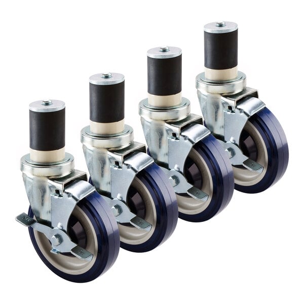 A Krowne Economy Series stem caster set with black and blue rubber wheels.