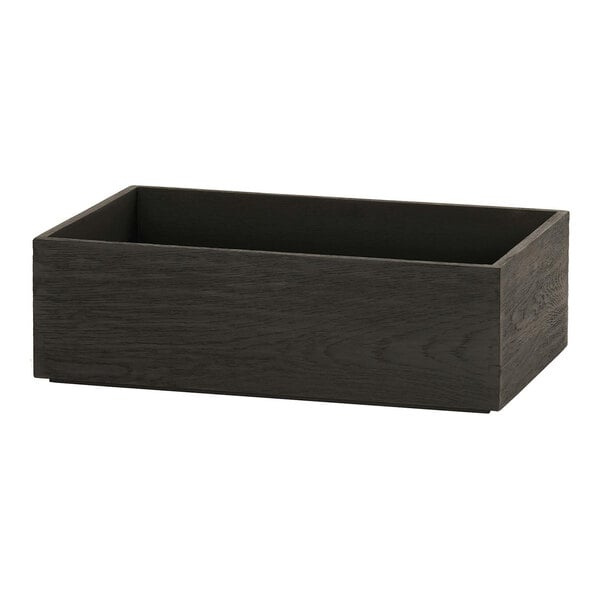 A black rectangular wooden tray with a handle.