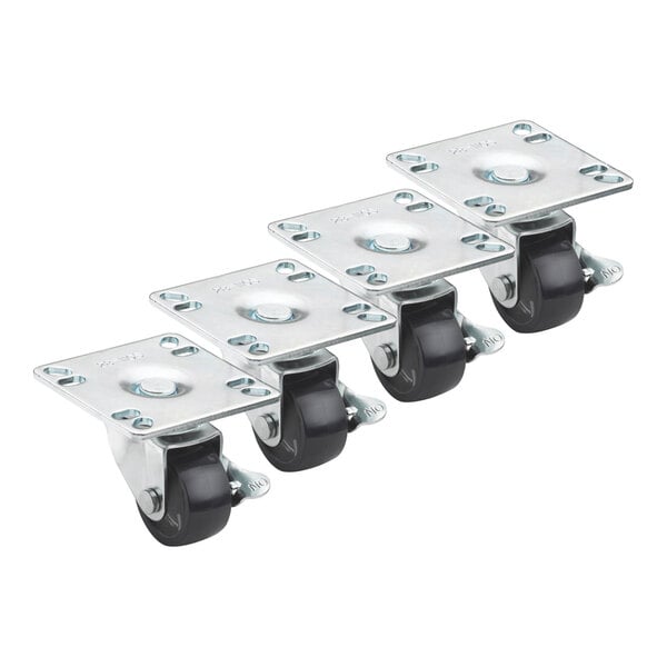 A set of Krowne plate casters with black wheels and metal plates.