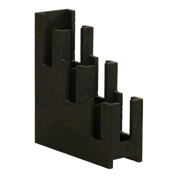 A black wooden cup and lid holder with sections.