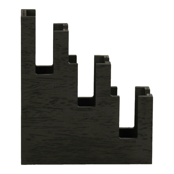 A black wooden cup and lid holder with holes.