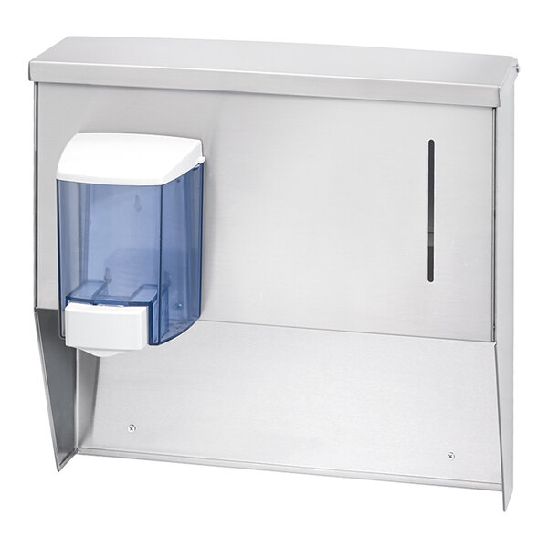 A silver and blue stainless steel Krowne soap dispenser.