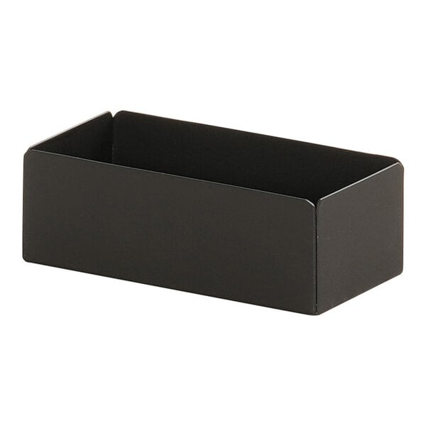 A black rectangular Cal-Mil Onyx metal condiment display with a lid.