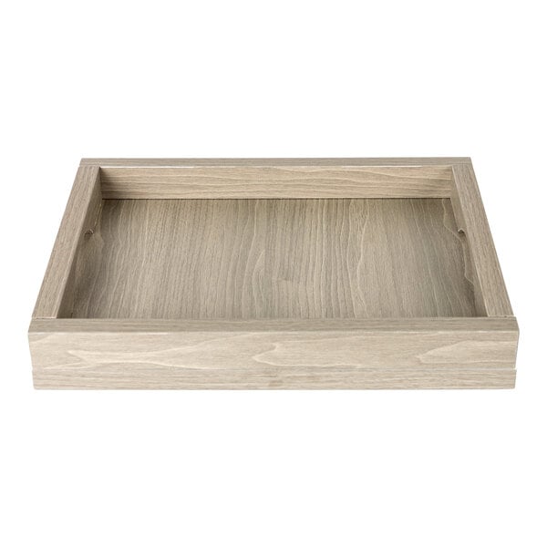 An Eastern Tabletop high-pressure laminate square riser tray with handles on a table.