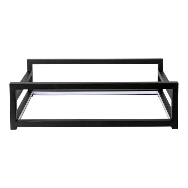 An Eastern Tabletop black powder-coated stainless steel rectangular riser frame with LED lights.