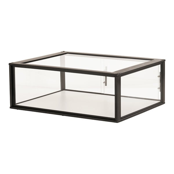 A black metal Cal-Mil bakery display case with a glass top.
