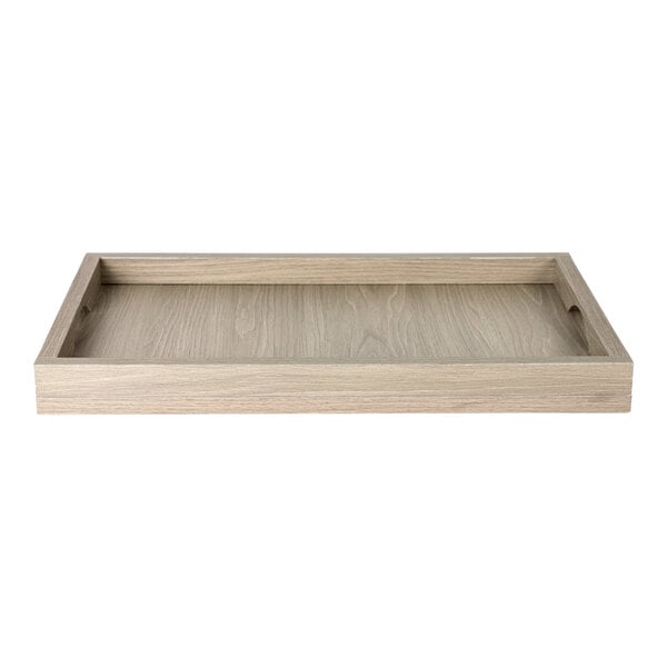An Eastern Tabletop rectangular high-pressure laminate riser tray with handles on a table.