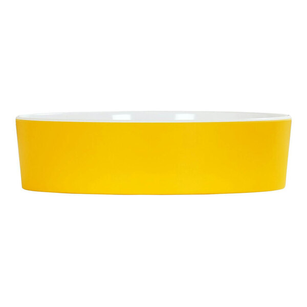 A yellow round melamine bowl with a white rim.