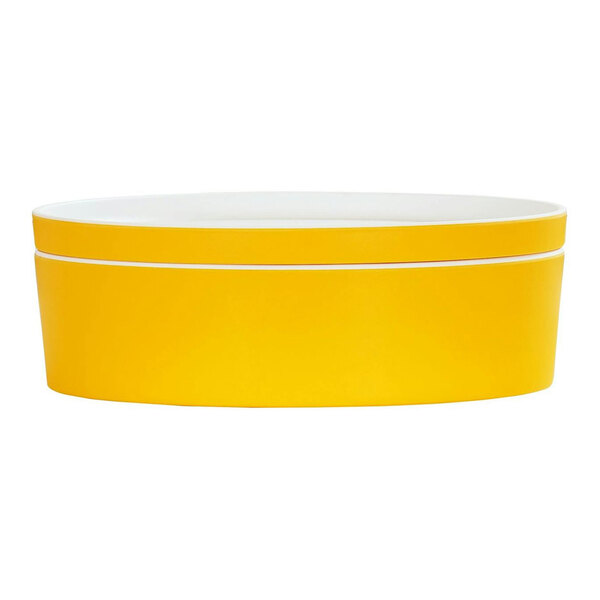 A sunshine yellow round melamine bowl with a white rim.