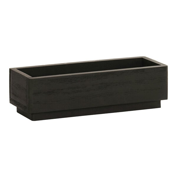 A black wooden jar display with a rectangular shape and 3 glass jars.