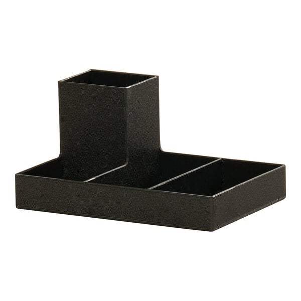 A black rectangular Cal-Mil plastic condiment organizer with three compartments.