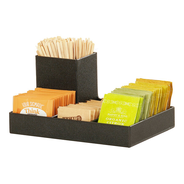 A black Cal-Mil condiment organizer with different types of packets inside.