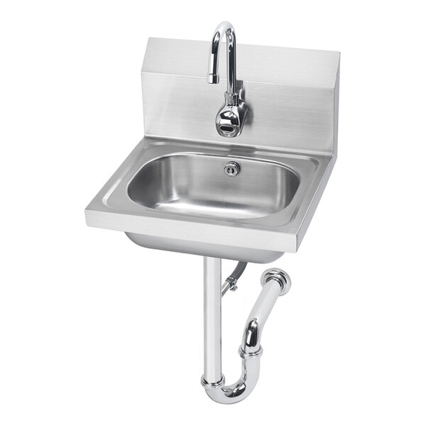 A Krowne stainless steel wall-mounted hand sink with a Royal Series electronic sensor faucet and P-trap.