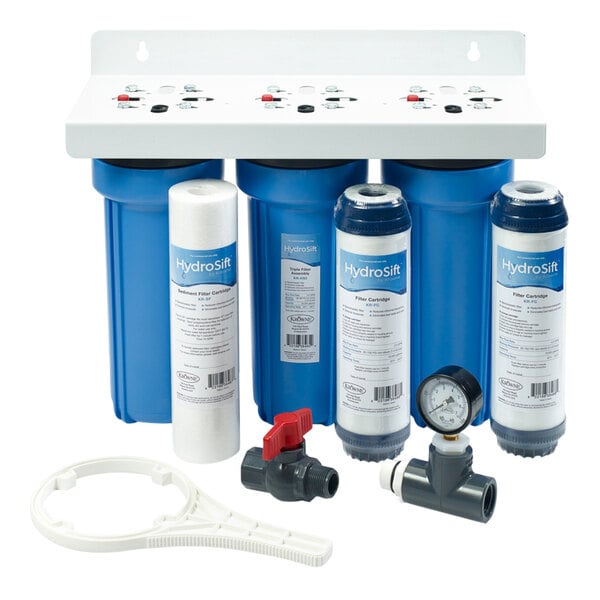 A Krowne HydroSift triple water filtration system with white and blue containers and a gauge.