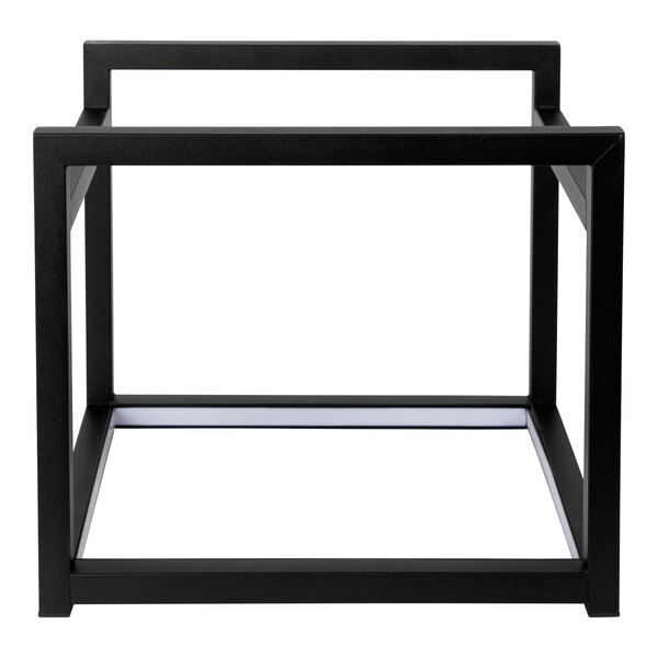 A black powder-coated stainless steel square riser frame with LED lights.