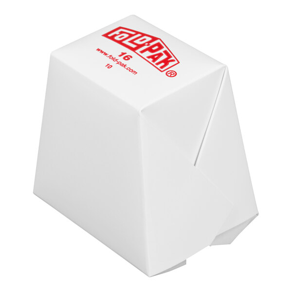A white Fold-Pak take-out container with red text on it.