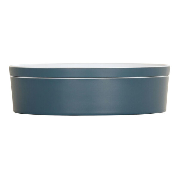 A blue Cal-Mil melamine bowl with a white rim.