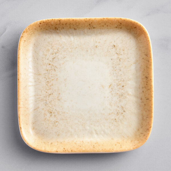 A square beige porcelain plate with a speckled surface.