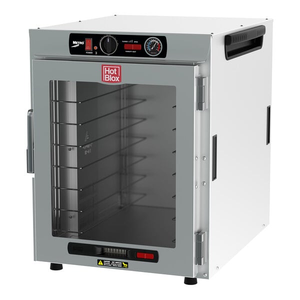 A white Metro HotBlox countertop heated holding cabinet with clear doors.