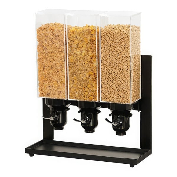 A black cereal dispenser with three containers of cereal.