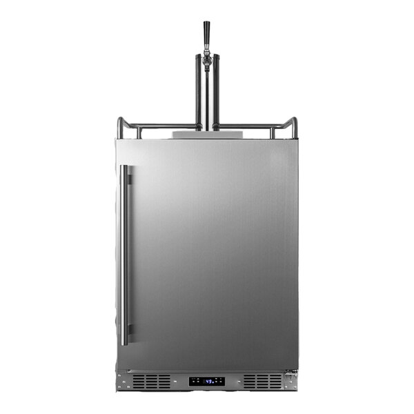 A close-up of a Summit stainless steel beer dispenser with the door open.