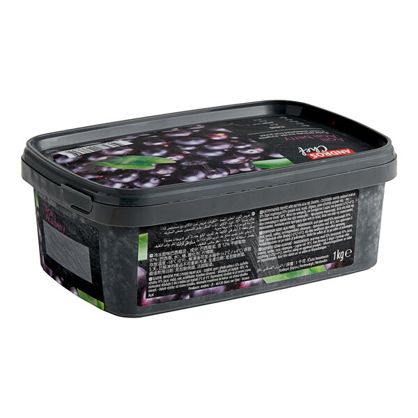 A black rectangular container of Andros Chef Sweetened Acai Berry Puree with a black label.