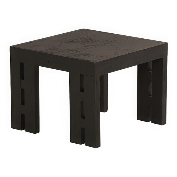 A Cal-Mil black wood square display riser with two legs on a table.