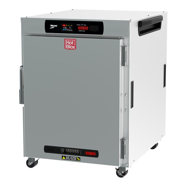 A white rectangular Metro HotBlox holding cabinet with a solid door and digital controls.