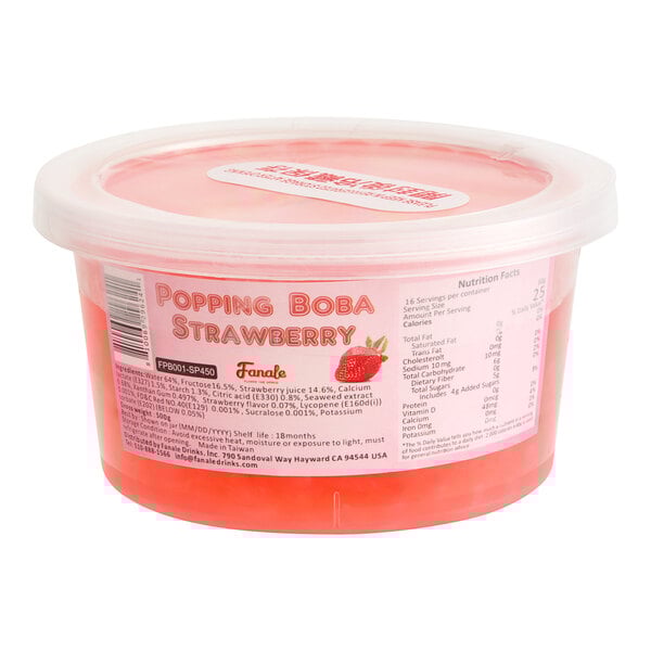 A white container of Fanale strawberry popping boba.