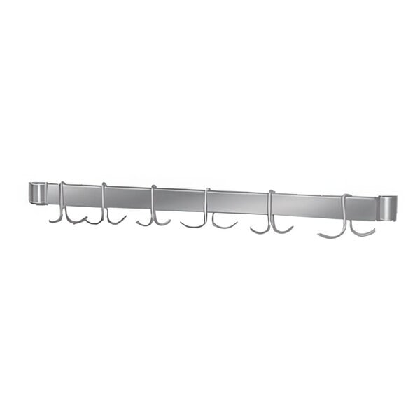 A stainless steel Advance Tabco utensil rack with hooks.