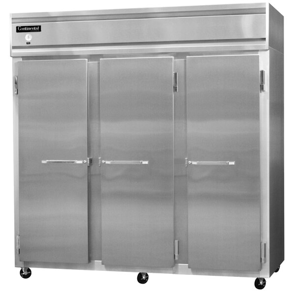 A Continental Refrigerator reach-in freezer with four solid doors.