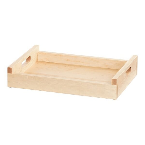 A wooden TRAY ROOMSRVC with handles.