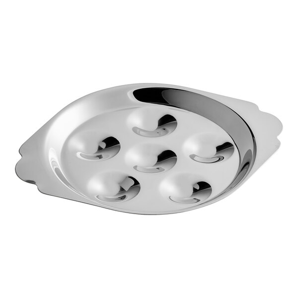A stainless steel dish with six wells designed for serving snails or escargot.