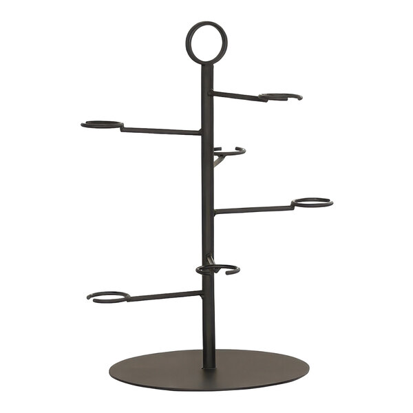 A black metal Cal-Mil cocktail tree stand with six rings.