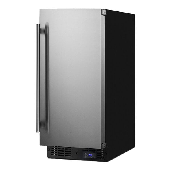A stainless steel Summit Appliance built-in freezer with a black door open.