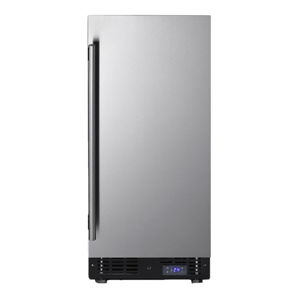 A stainless steel Summit Appliance built-in freezer with a black handle.