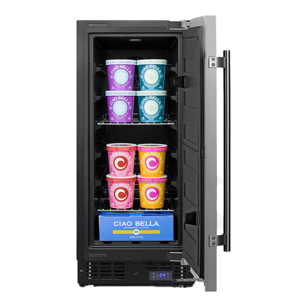 A Summit Appliance undercounter freezer full of ice cream containers including a pink container with a red and white logo.