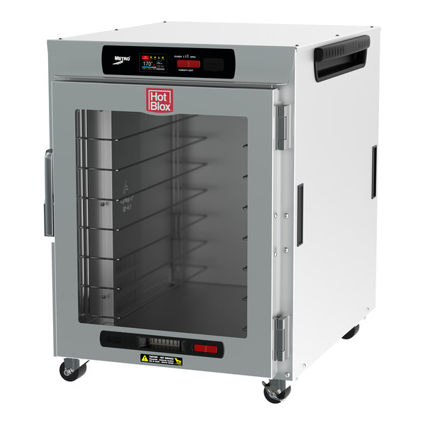 A white Metro HotBlox undercounter heated holding cabinet with a clear glass door.