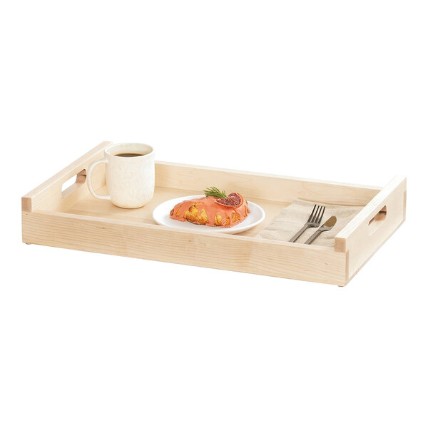 A wooden blonde room service tray with food and a cup of coffee.