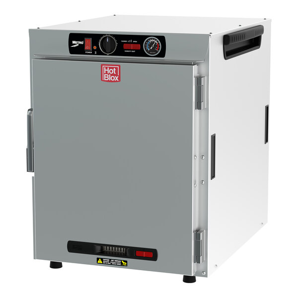A white rectangular Metro HotBlox holding cabinet with knobs and a red and black label on the front.