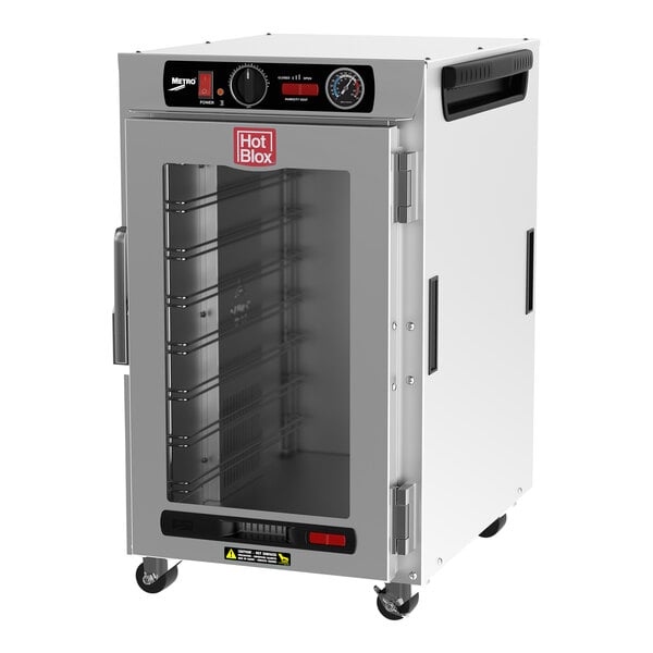 A Metro HotBlox narrow heated holding cabinet with a clear door.