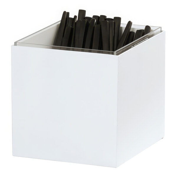 A white metal Juno ice housing container holding black beverage straws.