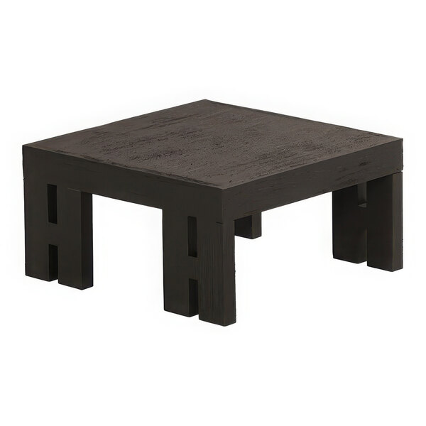 A Cal-Mil black wood square display riser on a table with two legs.