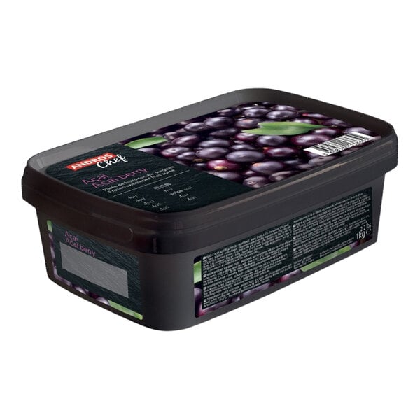 A black container of Andros Chef sweetened acai berry puree with a label.