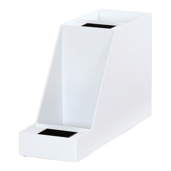A white plastic rack with black inserts for two airpots.