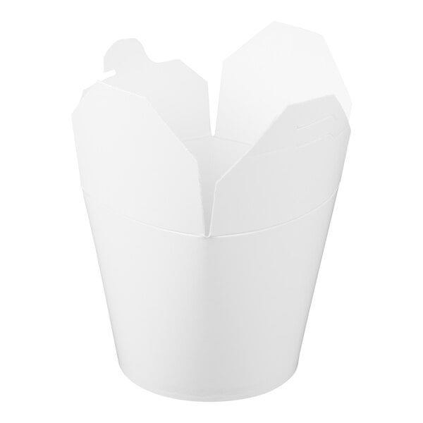 A white 26 oz. microwavable paper take-out container with open flaps.