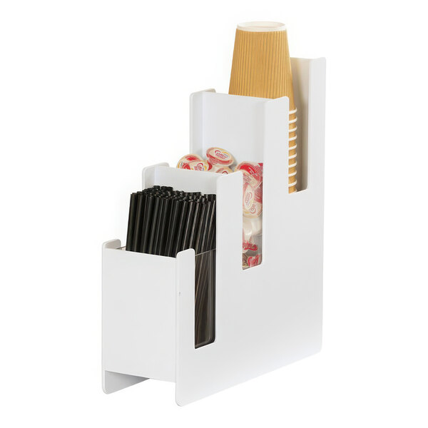 A white plastic cup holder with cups and straws inside.